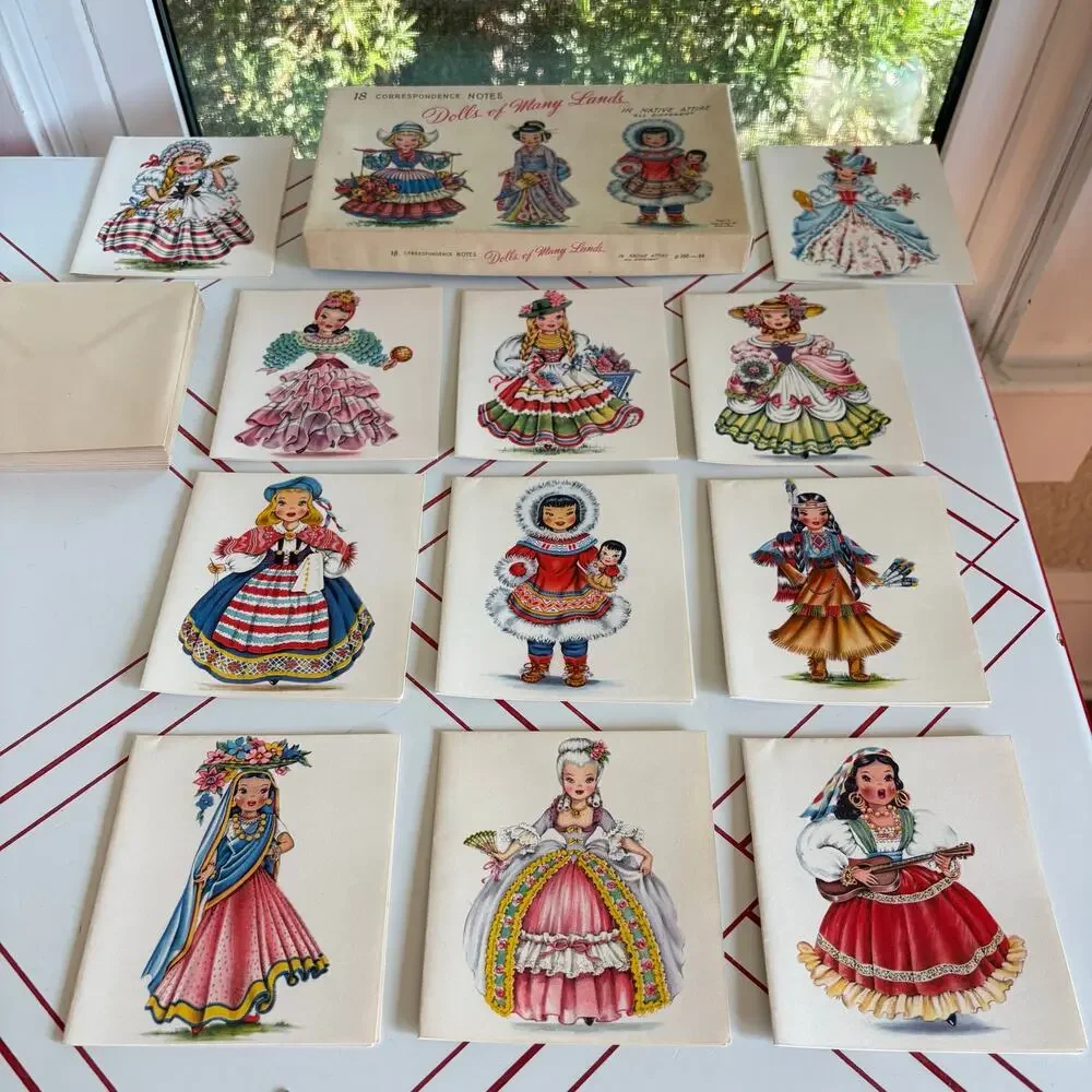 Vintage Tichnor Dolls of Many Lands Note Cards Box set of 11